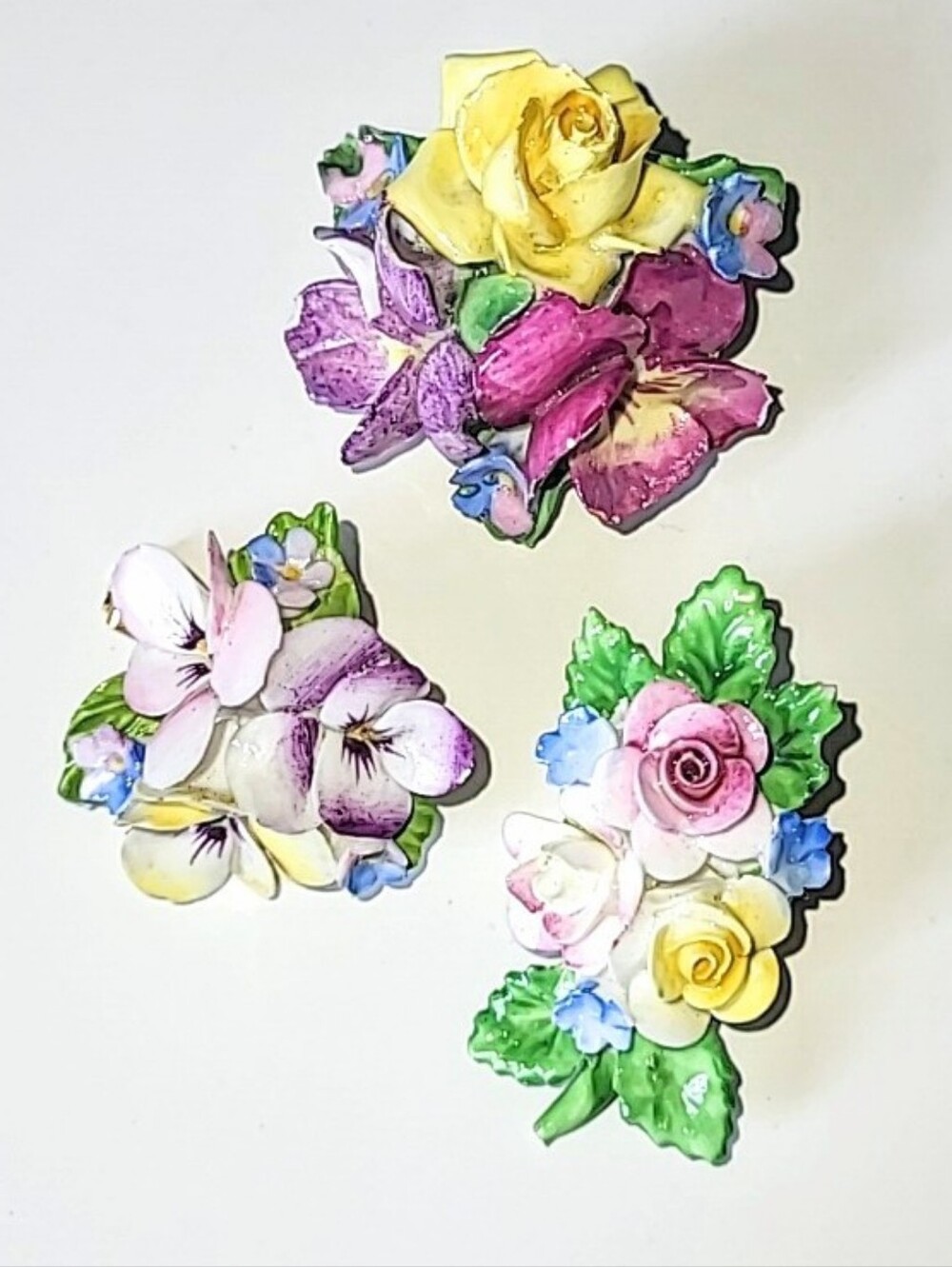 3 English Bone China Flower Brooches Coalport READ DESCRIPTION
